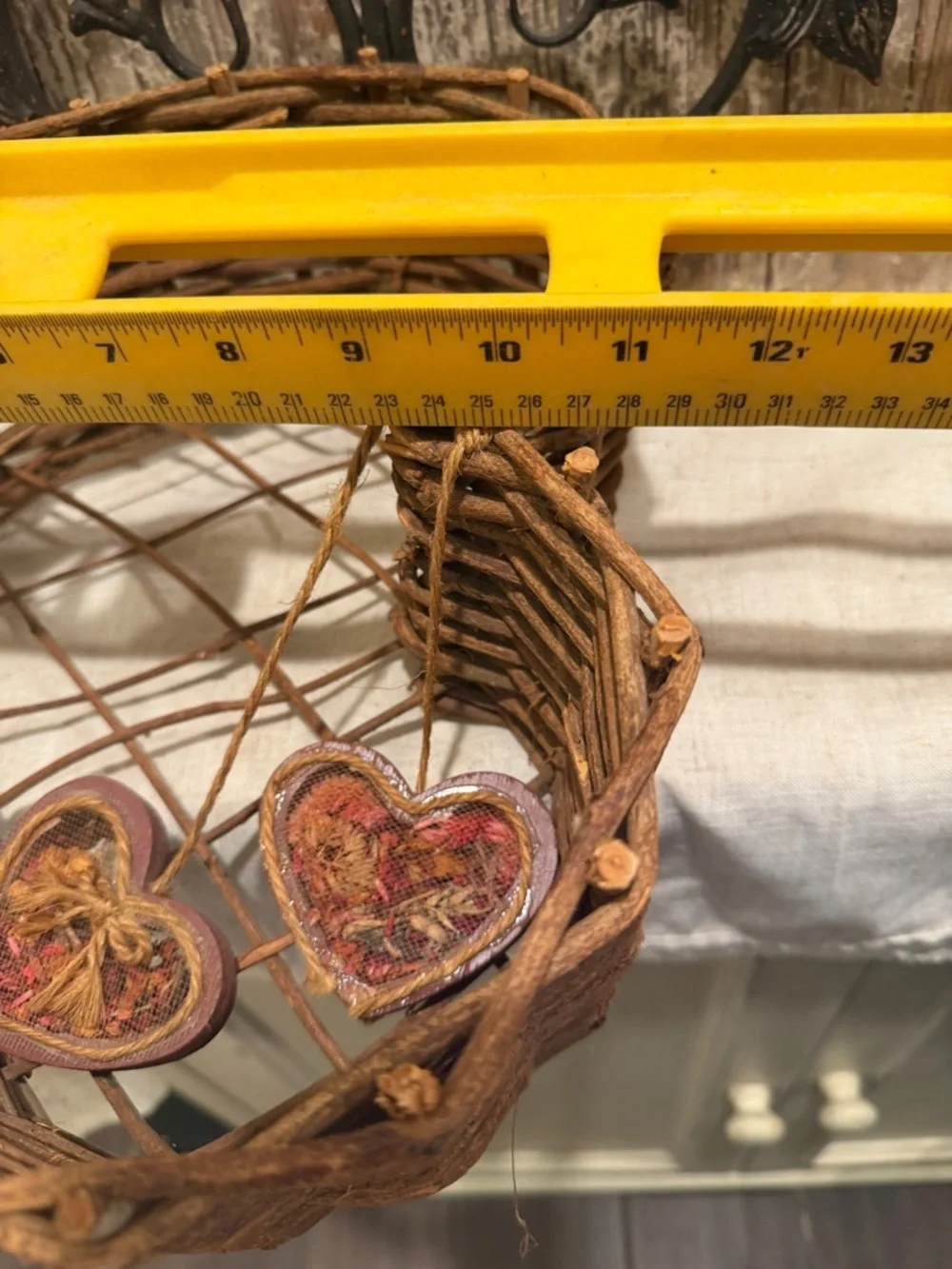 Woven Heart Wall Basket with Hanging Hearts grandmacore grannycore heart shelf